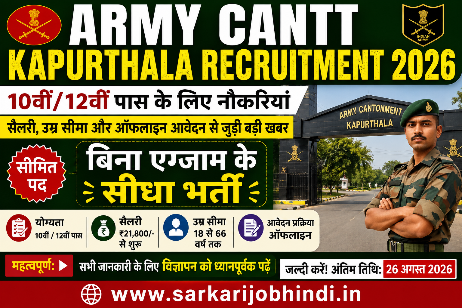 Army Cantt Kapurthala Recruitment 2026 » 10th12th Pass Jobs, Salary, Age Limit & Apply Offline Big News