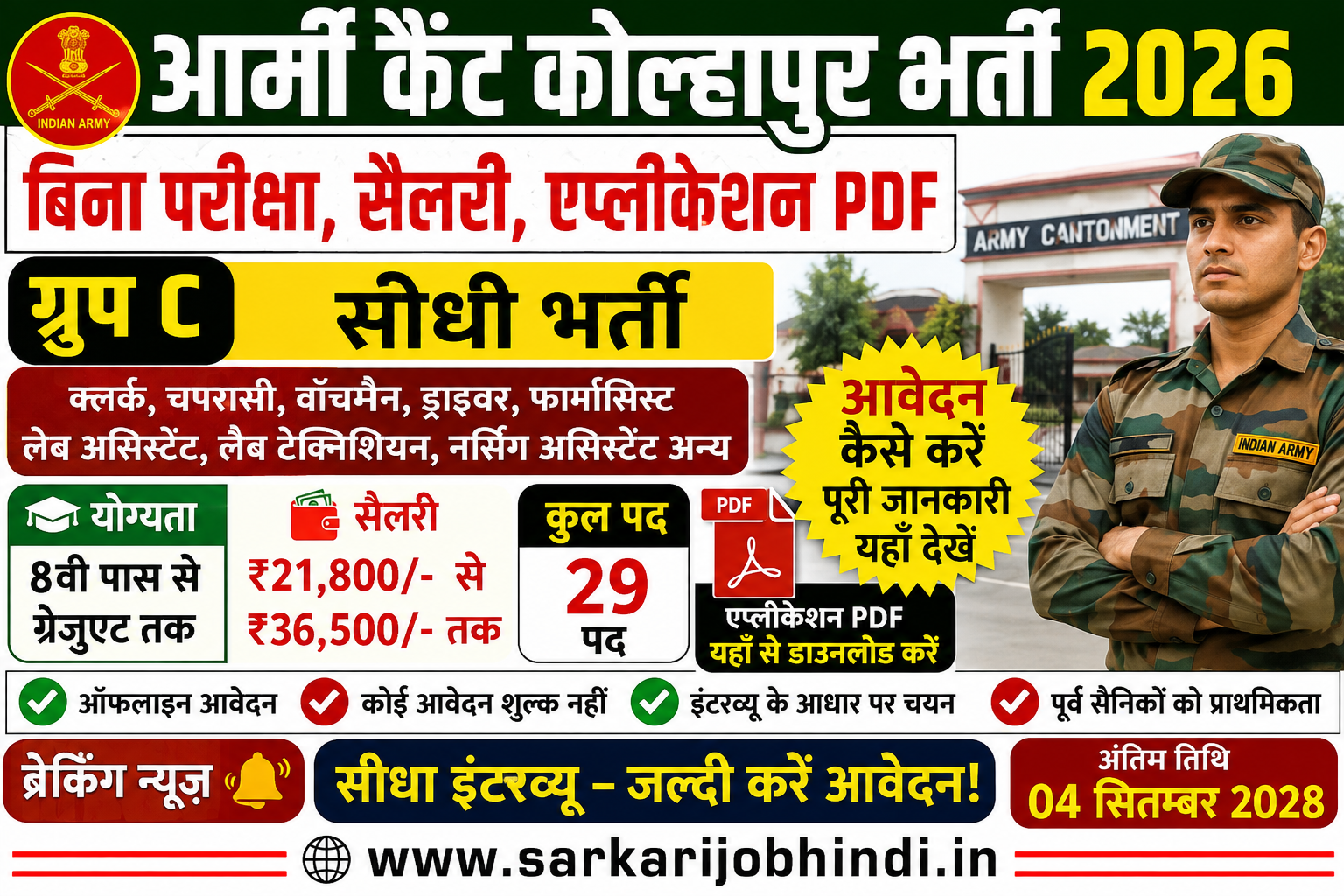 Army Cantt Kolhapur Recruitment 2026 » No Exam , Salary, Application PDF, Group C, How To Apply Breaking News